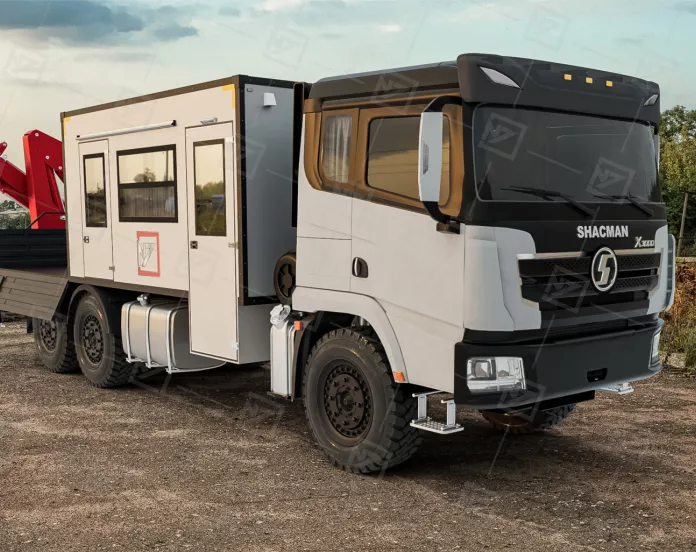 2.5 Вахтовый автобус Shacman 16 мест с бортовой платформой и КМУ